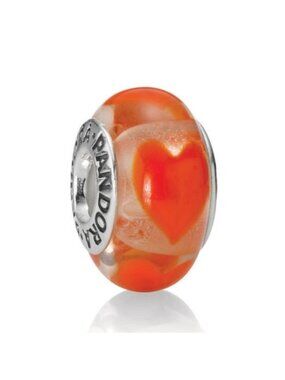 Pandora Retired Clear Murano Glass Bead with Orange Hearts - 790664